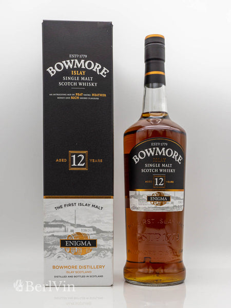 Whisky Bowmore Enigma 12 Jahre Single Malt Whisky mit Verpackung Frontansicht