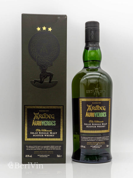 Whisky Ardbeg Auriverdes Islay Single Malt mit Verpackung Frontansicht