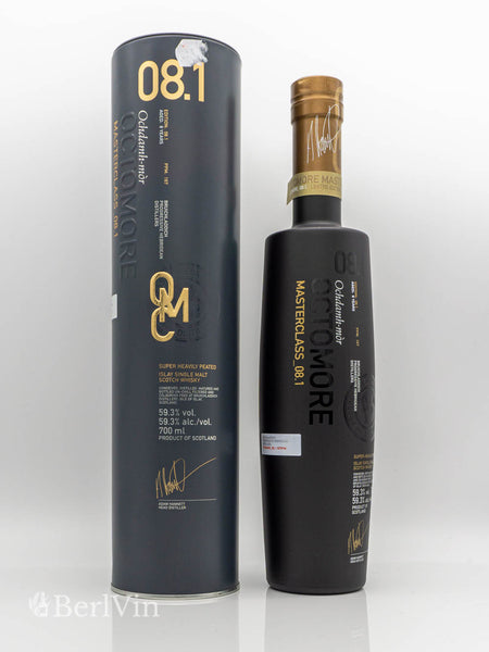 Whisky Bruichladdich Octomore 08.1 Islay Single Malt Scotch Whisky mit Verpackung Frontansicht