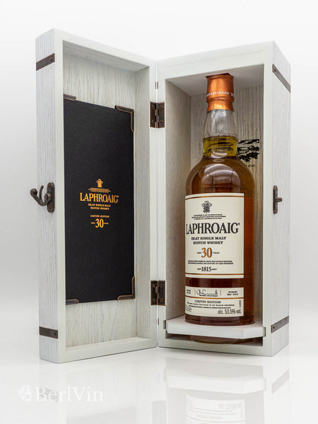Whisky Laphroaig 30 Jahre Islay Single Malt Scotch Whisky mit Verpackung geöffnet Frontansicht