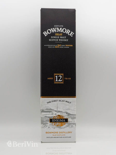 Whisky Verpackung Bowmore Enigma 12 Jahre Single Malt Whisky Frontansicht