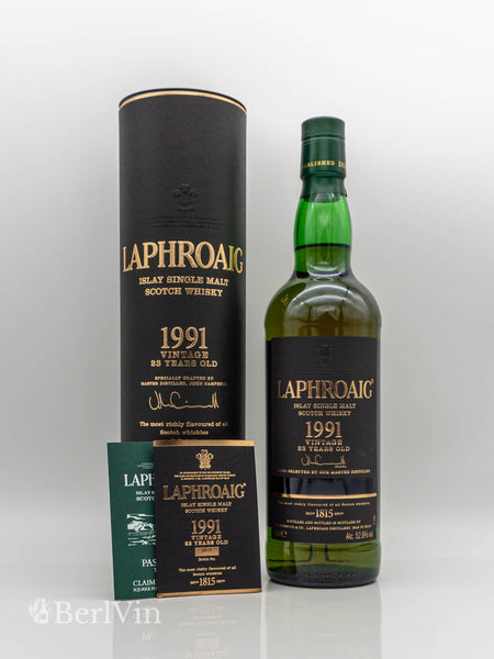 Whisky Laphroaig 1991 Islay Single Malt Scotch Whisky mit Verpackung und Zertifikat Frontansicht