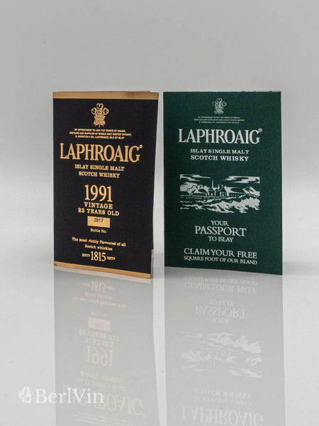 Whisky Zertifikat und Islay Passport Laphroaig 1991 Islay Single Malt Scotch Whisky Frontansicht