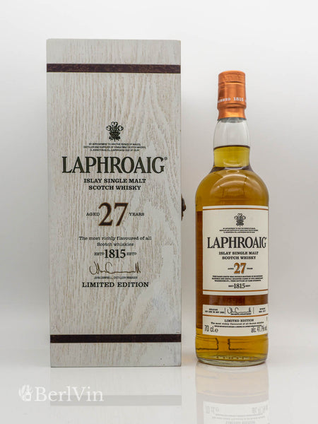 Whisky Laphroaig 27 Jahre Islay Single Malt Scotch Whisky mit Verpackung Frontansicht